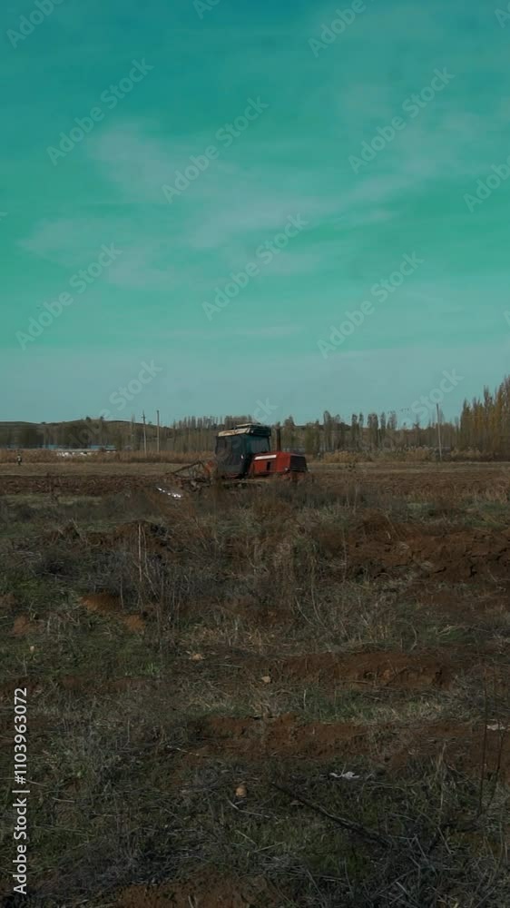 Autumn is driving a tractor in the field in the distance Autumn is driving a tractor in the field in the distance