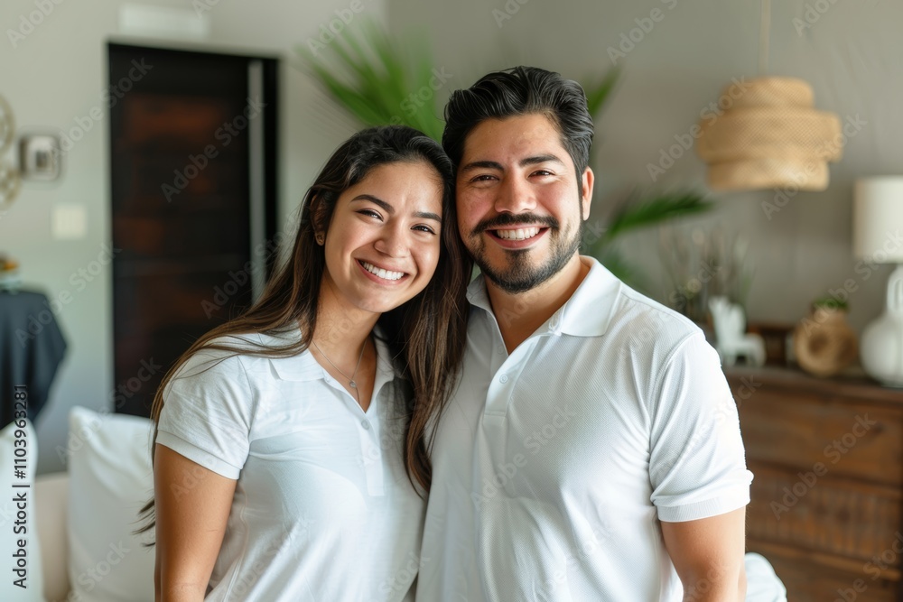 Portrait of a cheerful latino couple in their 20s wearing a breathable golf polo over crisp minimalistic living room