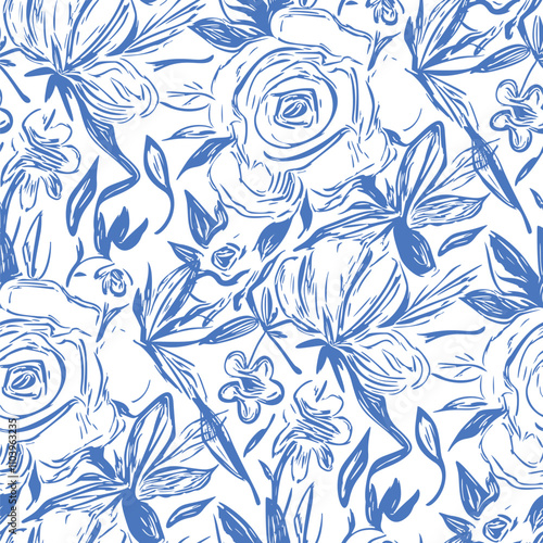 Monochrome  seamless pattern with flowers.  Vector illustration