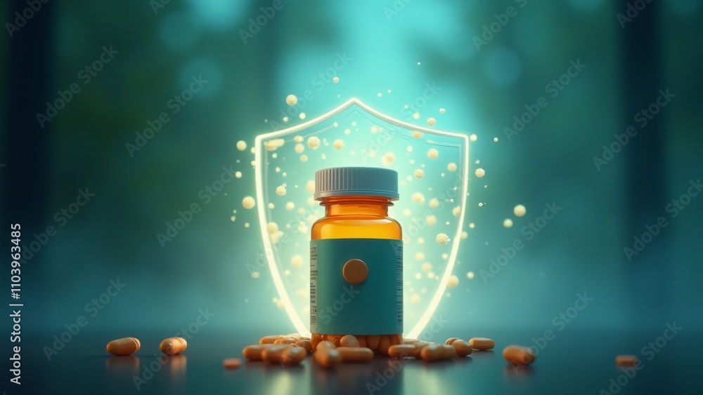 A bottle of allergy pills surrounded by a protective shield, blocking pollen, dust, and pet hair. Soft blue and green hues evoke relief, safety, and ease in combating allergy symptoms A bottle of allergy pills surrounded by a protective shield, blocking pollen, dust, and pet hair. Soft blue and green hues evoke relief, safety, and ease in combating allergy symptoms