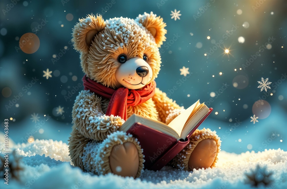 A plush toy bear is reading a book. He is sitting on the snow in a winter forest. It is snowing. Bokeh. Christmas and New Year mood. A plush toy bear is reading a book. He is sitting on the snow in a winter forest. It is snowing. Bokeh. Christmas and New Year mood.