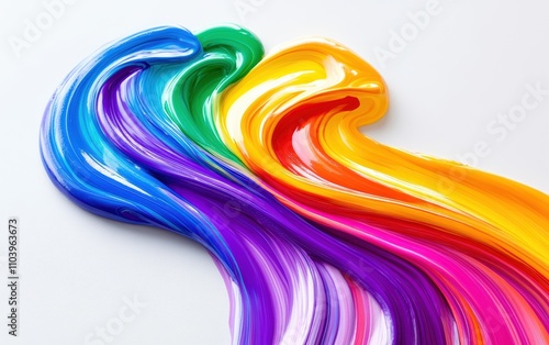 Swirling streams of liquid paint in rainbow colors, intertwining in mid-motion and forming flowing patterns on a clean white surface 