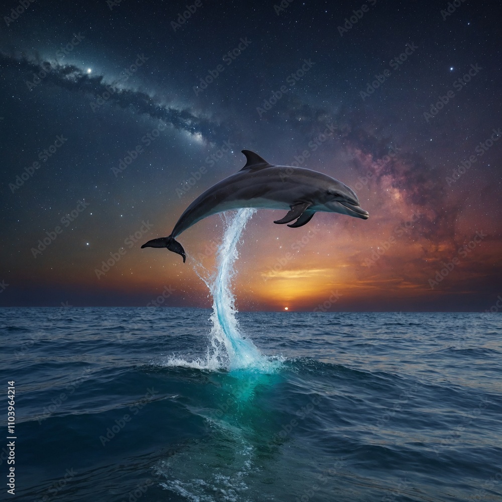 Fototapeta premium A rainbow-colored dolphin leaping toward a comet in a starlit sea.