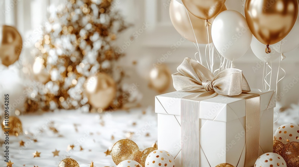 Elegant Christmas gift with gold balloons Elegant Christmas gift with gold balloons