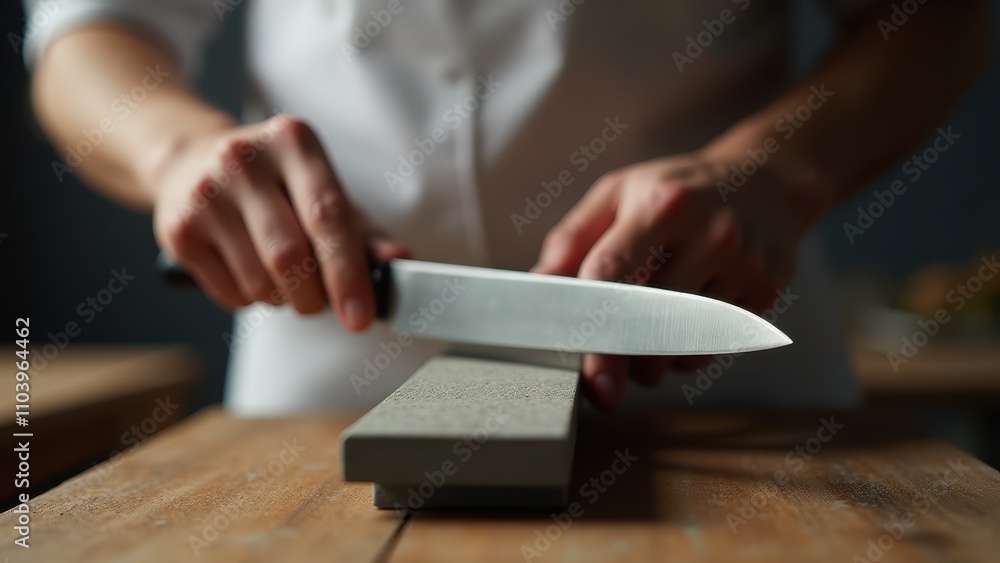 Sharpening stone for kitchen knives. A person sharpens a knife on a whetstone with precision, focusing intensely on the task in a well-lit workshop setting. Sharpening stone for kitchen knives. A person sharpens a knife on a whetstone with precision, focusing intensely on the task in a well-lit workshop setting.