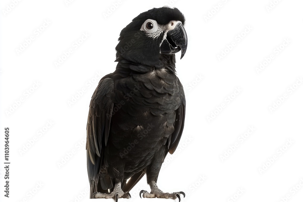Fototapeta premium A Striking Black Macaw Parrot Stands Against White Background