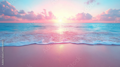 serene landscape featuring sunset over calm sea, with soft pink and blue hues reflecting on water. gentle waves lap against sandy beach, creating tranquil atmosphere