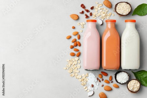 Assorted plant based milk with nuts and grains for health and nutrition concepts photo