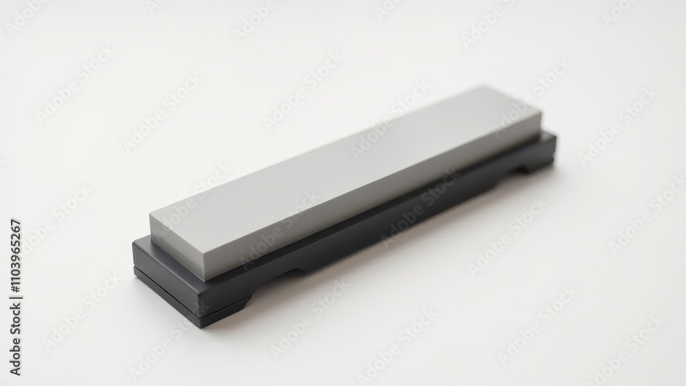 Sharpening stone for kitchen knives. A sharpening stone with a gray surface and black base on a white background, ideal for honing blades and maintaining their sharpness. Sharpening stone for kitchen knives. A sharpening stone with a gray surface and black base on a white background, ideal for honing blades and maintaining their sharpness.