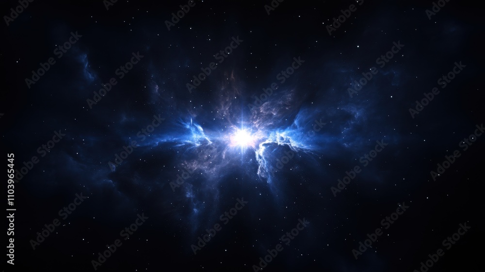 Naklejka premium Celestial event with a bright, energetic explosion surrounded by swirling clouds of cosmic dust and gas, against a backdrop of twinkling stars