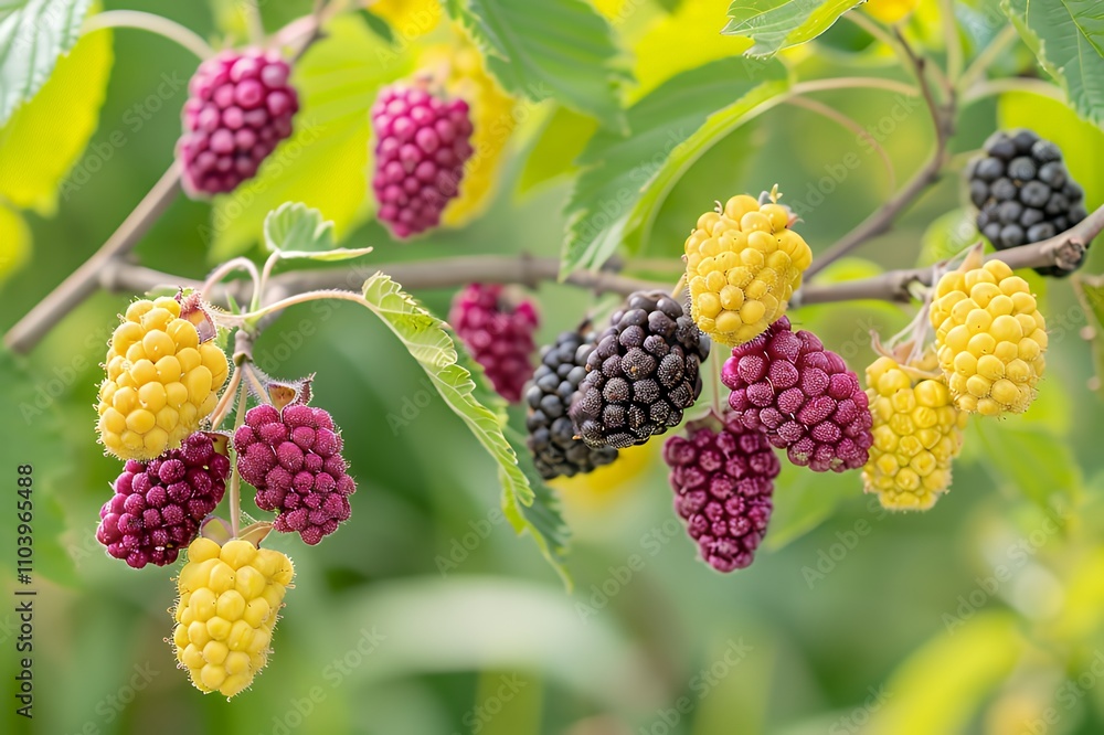 A vibrant display of ripe raspberries in various colors on a green leafy branch. A vibrant display of ripe raspberries in various colors on a green leafy branch.