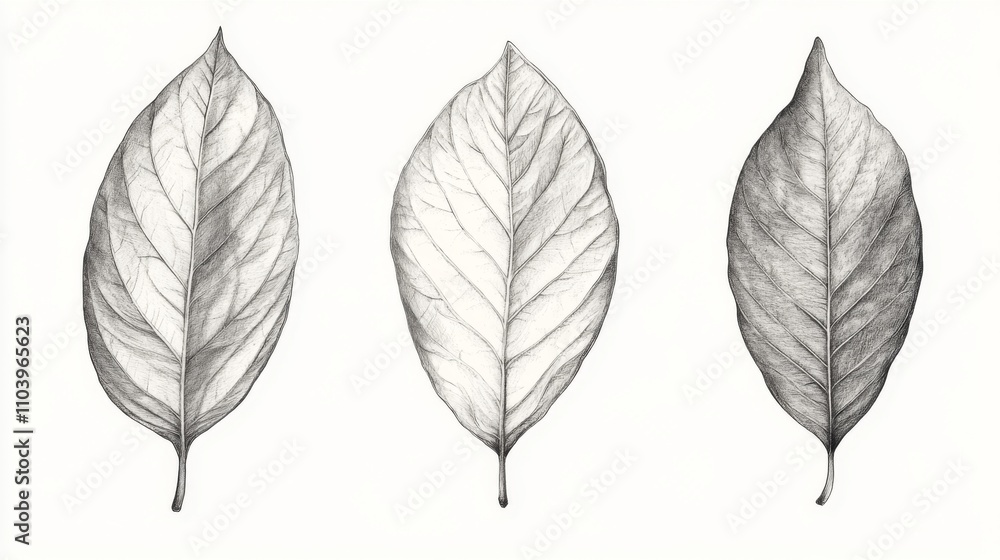 Obraz premium Detailed Pencil Drawing of Three Leaves