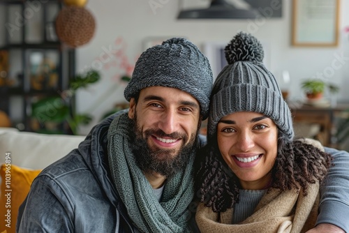 Portrait of a content multicultural couple in their 30s donning a warm wool beanie isolated on crisp minimalistic living room