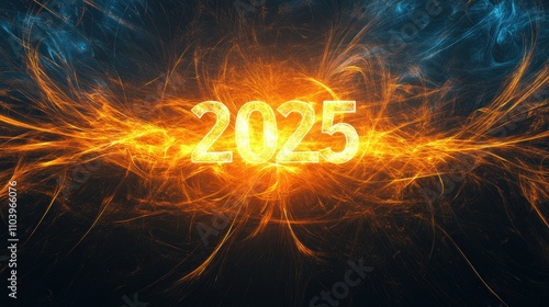 Futuristic representation of the year 2025 with fiery effects. photo