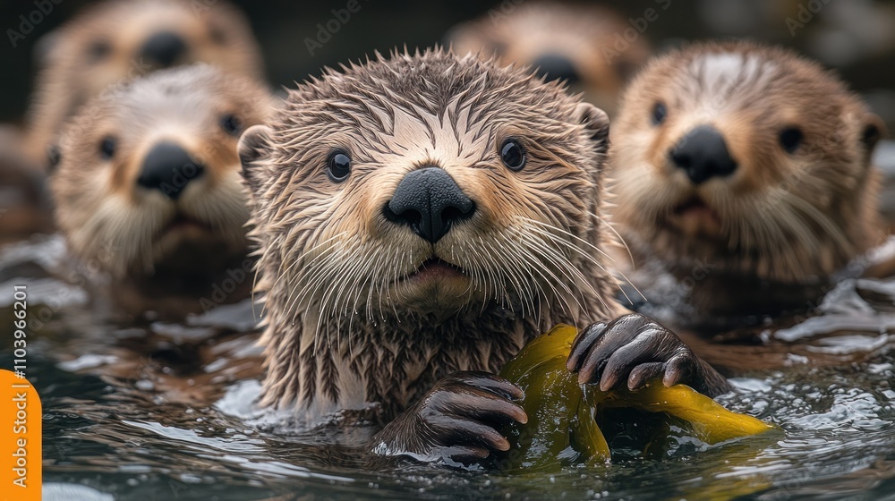 Here's a description and keywords for your image.. Adorable sea otters swimming together, one holding kelp. Here's a description and keywords for your image.. Adorable sea otters swimming together, one holding kelp.