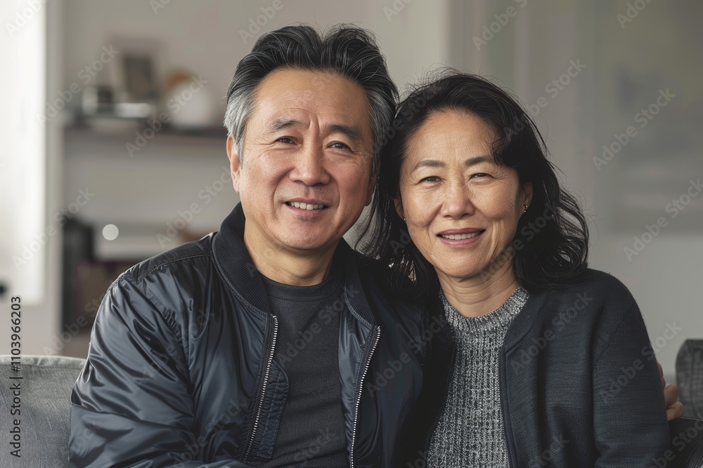 Portrait of a happy asian couple in their 40s wearing a trendy bomber jacket on crisp minimalistic living room Portrait of a happy asian couple in their 40s wearing a trendy bomber jacket on crisp minimalistic living room
