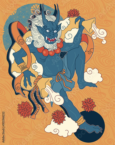 illustration Fūjin, god of wind in Japanese mythology, tattoo design	