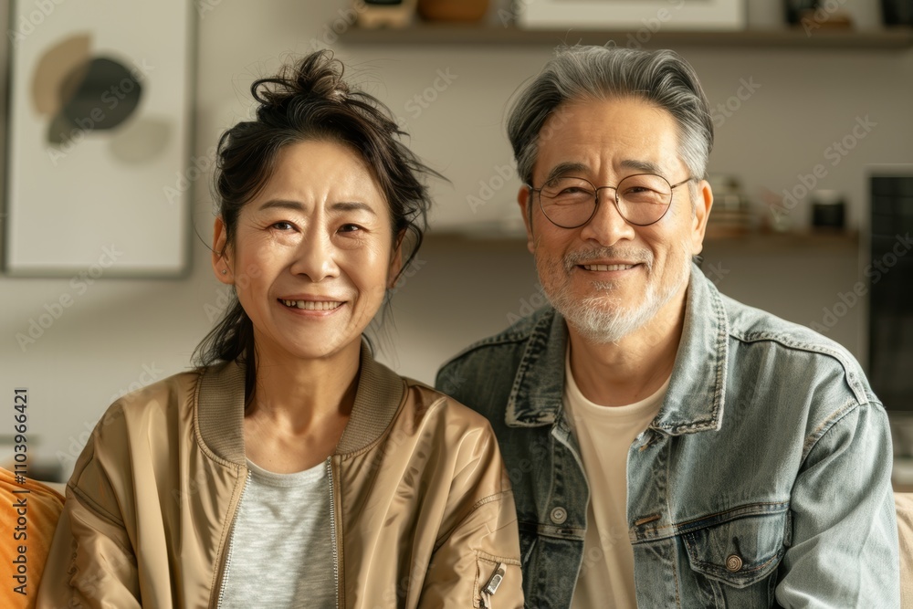 Portrait of a happy asian couple in their 40s wearing a trendy bomber jacket in front of crisp minimalistic living room Portrait of a happy asian couple in their 40s wearing a trendy bomber jacket in front of crisp minimalistic living room