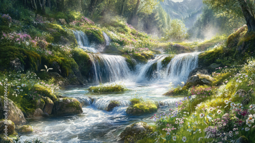 Tranquil Mountain Landscape with Cascading Waterfalls, Lush Greenery, Colorful Wildflowers, and a Serene Atmosphere Under Bright Blue Sky Tranquil Mountain Landscape with Cascading Waterfalls, Lush Greenery, Colorful Wildflowers, and a Serene Atmosphere Under Bright Blue Sky