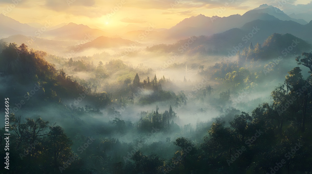 Misty Mountain Sunrise Over Forest Castle Misty Mountain Sunrise Over Forest Castle