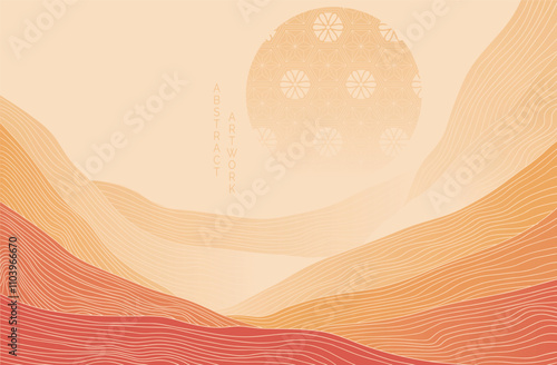 minimalistic abstract japanese landscape on light background with colored lines and gradients	