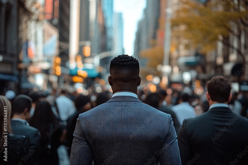 Purposeful Businessmans Back View Diverse City Crowd Blur Purposeful Businessmans Back View Diverse City Crowd Blur