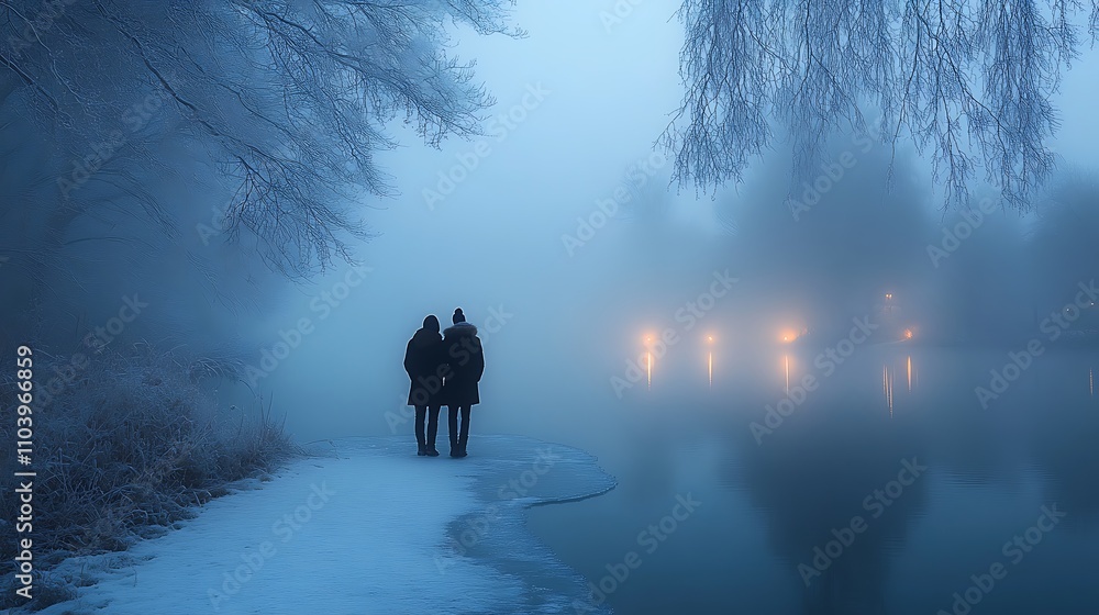 Frozen Lake Magic Lake surrounded by icy forest Early morning mist Pale blues and whites Frosted edges Lanterns, fur coats Ice, frozen branches Couple standing on frozen lake Winter Quiet and magical Frozen Lake Magic Lake surrounded by icy forest Early morning mist Pale blues and whites Frosted edges Lanterns, fur coats Ice, frozen branches Couple standing on frozen lake Winter Quiet and magical