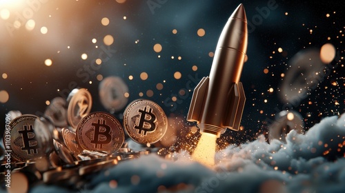 Rocket launching cryptocurrency growth digital space graphic design futuristic environment dynamic viewpoint crypto revolution
