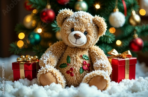A teddy bear sits under a decorated Christmas tree among gifts. Christmas and New Year card.