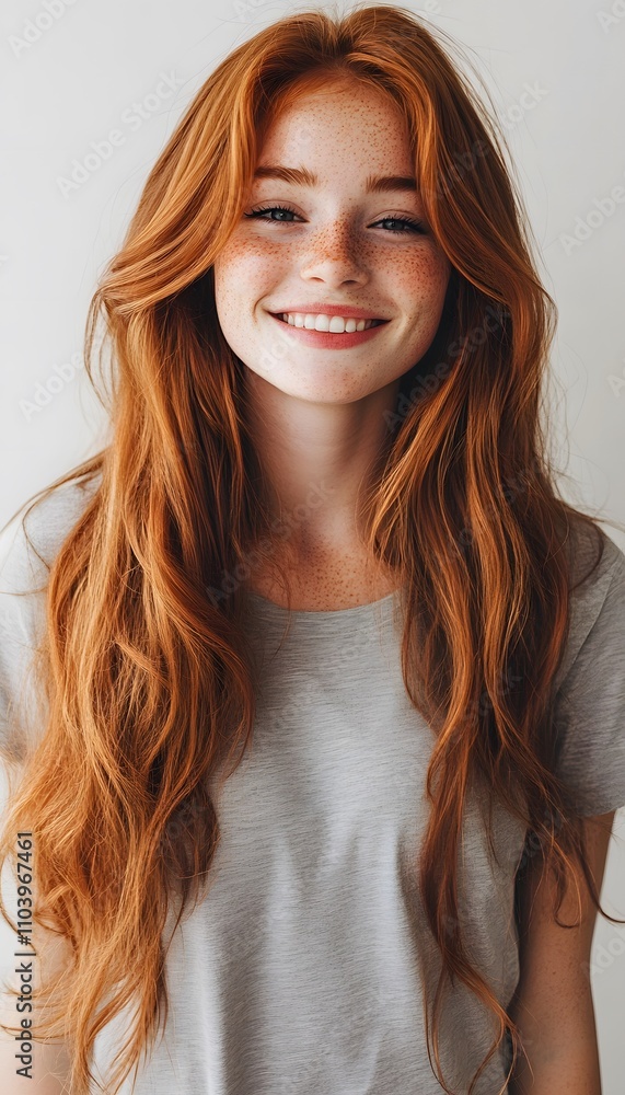 Closeup of happy attractive young woman with long wavy red hair and freckles wears stylish t shirt looks happy and smiling isolated over white background Closeup of happy attractive young woman with long wavy red hair and freckles wears stylish t shirt looks happy and smiling isolated over white background