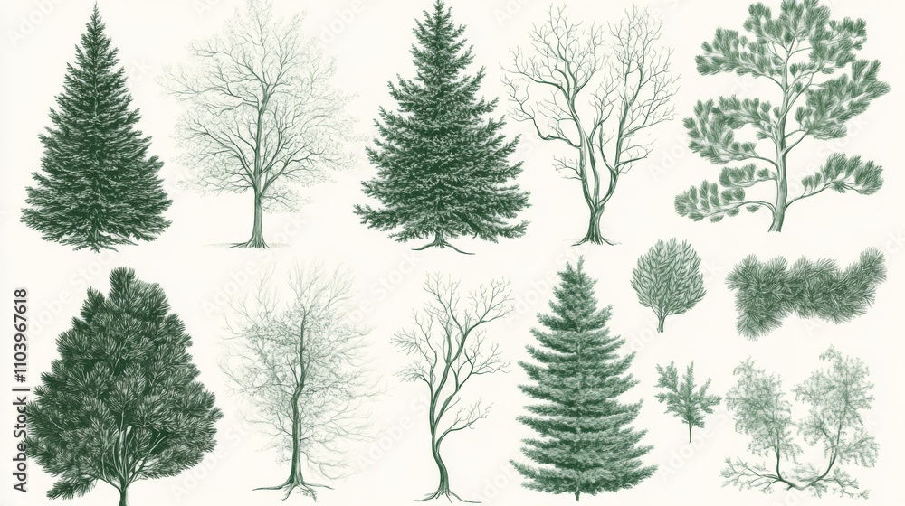 Obraz premium Collection of Evergreen and Conifer Trees: Botanical Illustrations