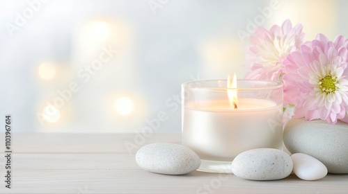 Serene Candlelit Spa Setting, a tranquil arrangement featuring flickering candles, smooth spa stones, and delicate flowers on a rustic wooden table, evoking relaxation and harmony.