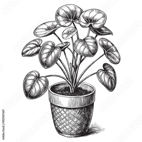 Money Plant Pilea peperomioides on pot  sketch hand dawn drawing vector illustration