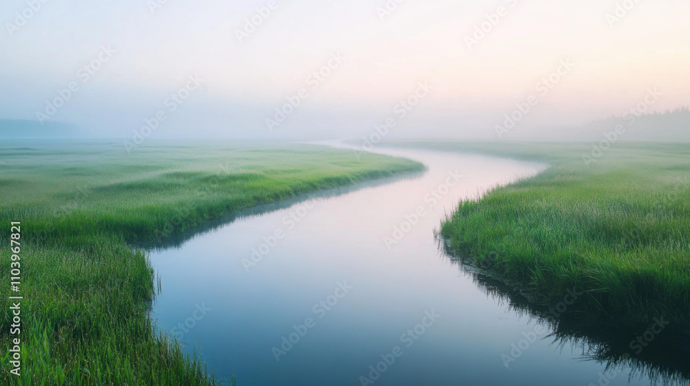 Serene Landscape of a Curving River Flowing Through Lush Green Grasslands Surrounded by Misty Dawn Light and a Tranquil Atmosphere in Nature's Beauty Serene Landscape of a Curving River Flowing Through Lush Green Grasslands Surrounded by Misty Dawn Light and a Tranquil Atmosphere in Nature's Beauty