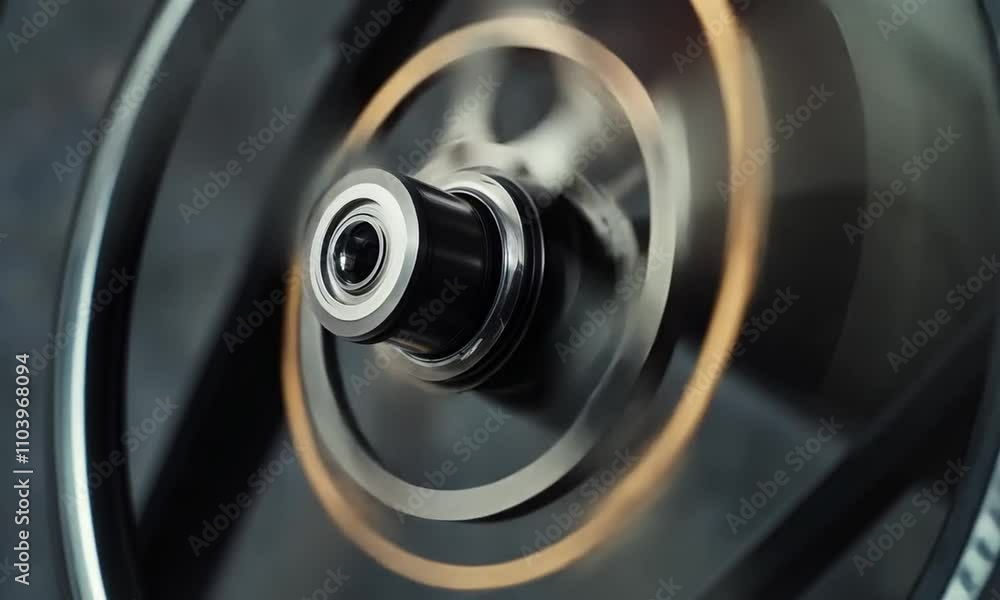 Close-up of a meticulously crafted black bicycle hub and rotor. Close-up of a meticulously crafted black bicycle hub and rotor.