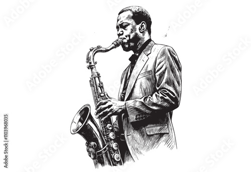 man jazz saxophonist sketch hand dawn drawing vector illustration