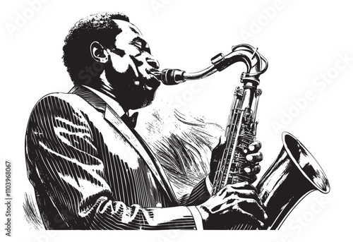 man jazz saxophonist sketch hand dawn drawing vector illustration