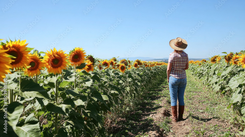 Woman Wearing Straw Hat Standing in Sunflower Field Under Clear Blue Sky, Surrounded by Vibrant Yellow Blooms in Serene Rural Landscape Woman Wearing Straw Hat Standing in Sunflower Field Under Clear Blue Sky, Surrounded by Vibrant Yellow Blooms in Serene Rural Landscape