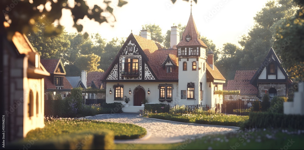 A charming, picturesque house with a whimsical design and lush surroundings. A charming, picturesque house with a whimsical design and lush surroundings.