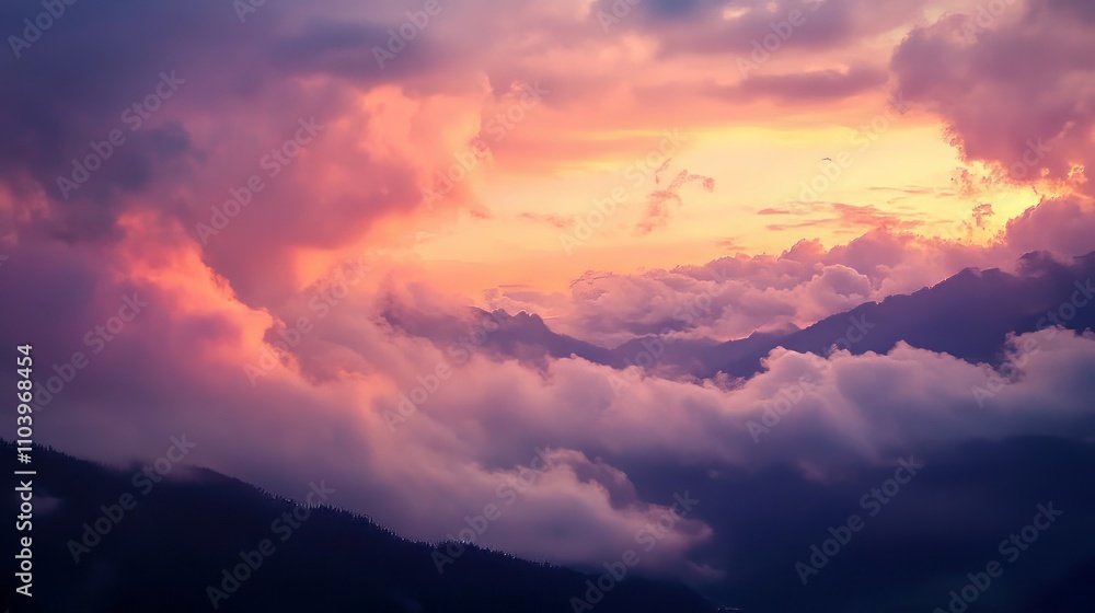 A Dreamy Sunset Over Mountain Peaks: Clouds and Colors in the Sky A Dreamy Sunset Over Mountain Peaks: Clouds and Colors in the Sky