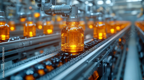 Automated glass jar production line glowing with vibrant orange lights in a modern factory setting