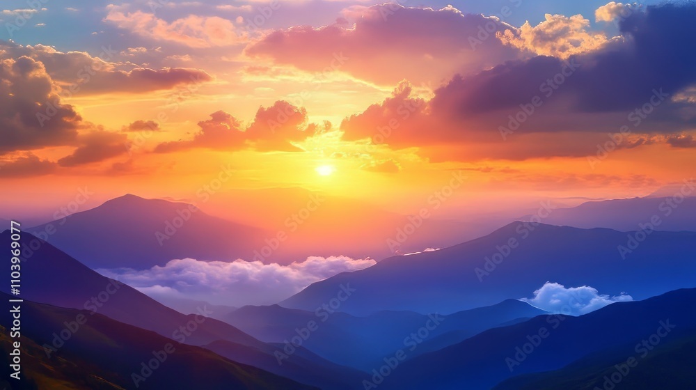 Fototapeta premium Vibrant Sunset Sky Over Mountains: An Epic View of the Sun Dipping Below the Horizon