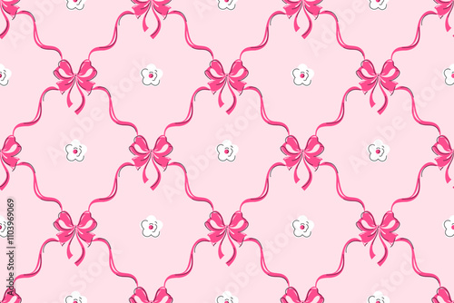 Pink bows, curly ribbons seamless pattern with white daisy flowers
