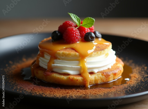 ChurroCrusted Pavlova with Dulce de Leche Sauce, Fusion menu ideas, desserts foods fusion 