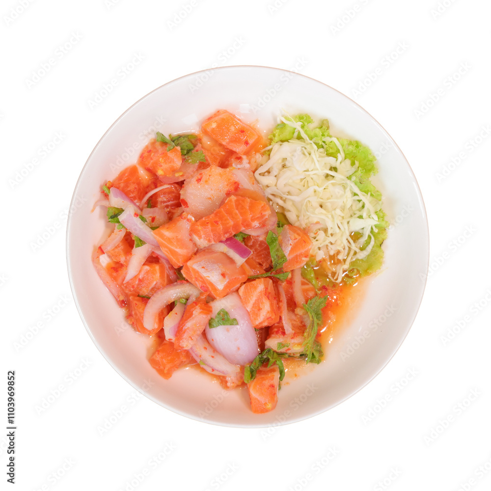 A vibrant dish featuring diced salmon with onions, garnished with lettuce and shredded cabbage, served in a round plate. A vibrant dish featuring diced salmon with onions, garnished with lettuce and shredded cabbage, served in a round plate.