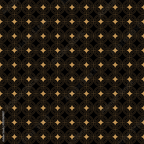 Seamless geometric pattern of gold stars and intersecting circles on black background. Asian traditional geometric texture. Luxury design for textile, clothing, fabric decor, wallpaper