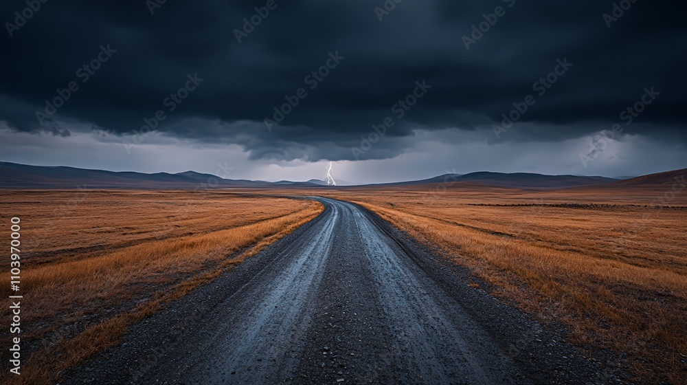 Fototapeta premium A winding dirt road leads through a vast landscape under dark, stormy skies with lightning.