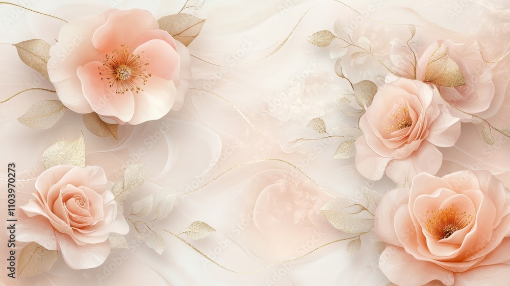 Fototapeta premium Delicate Pink Roses with Gold Leaves: Romantic Floral Art Print