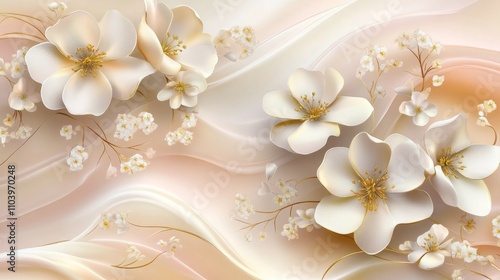Elegant White Flowers with Golden Accents - Floral Wallpaper