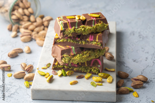 Trend Dubai chocolate with pistachio paste and kataifi dough. photo